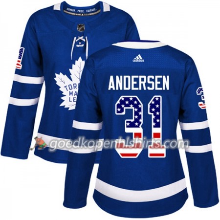 Toronto Maple Leafs Frederik Andersen 31 Adidas 2017-2018 Blauw USA Flag Fashion Authentic Shirt - Dames